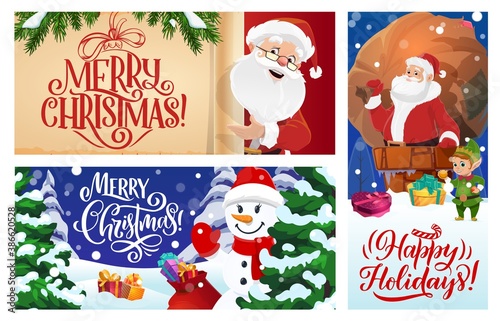 Merry Christmas greeting cards or vector posters set. Cartoon Santa Claus with snowman and elf helper, fir-trees or spruce and gift boxes lying on snow. Santa holding scroll, sack with Xmas presents