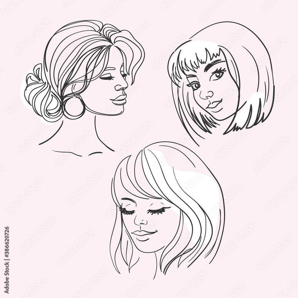 Three women portraits in a minimalist style in one line. Template card for logo, branding of beauty salon, fashion and hairstyle salon
