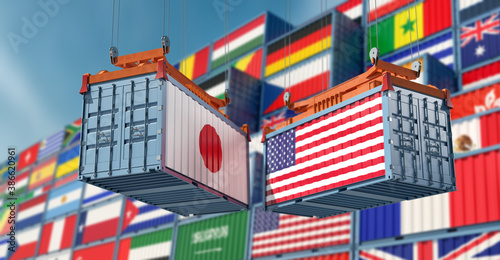 Freight containers on a Terminal with Japan and USA flag. 3D Rendering 
