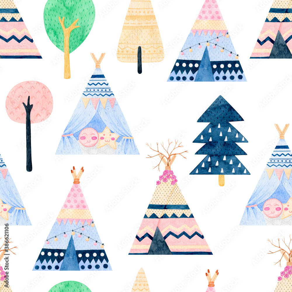 Watercolor Teepee seamless pattern. Wigwam native american summer tent illustration. Boho style pattern with ethnic teepee or wigwam, Native American ornamental background Watercolor Teepee seamless pattern. Wigwam native american summer tent illustration. Boho style pattern with ethnic teepee or wigwam, Native American ornamental background