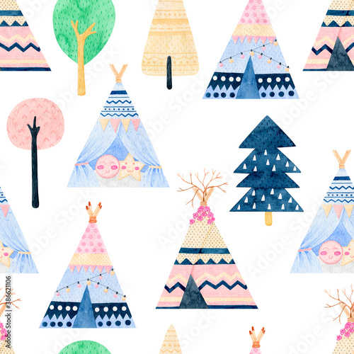 Watercolor Teepee seamless pattern. Wigwam native american summer tent illustration. Boho style pattern with ethnic teepee or wigwam, Native American ornamental background