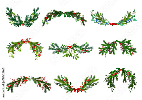 Evergreen Fir Tree Branches and Berry Twigs Semicircular Vector Composition Set