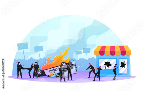 Violence Riots, Looting Concept. Aggressive Masked Anarchists Male Characters Breaking Store Showcase, Fight with Police