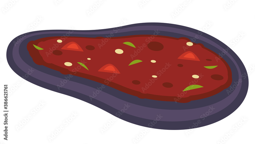 Tomato soup with basil served in aubergine vector