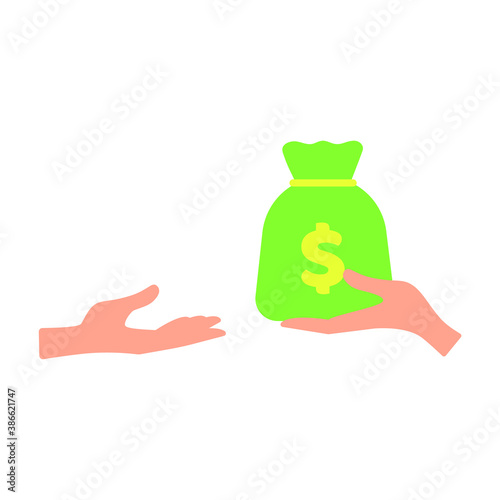 Hands hold, give a bag of money, dollars to other hands. Vector icon, colored cartoon design, isolated on white background, eps 10. Concept: credit, loan, bribe.