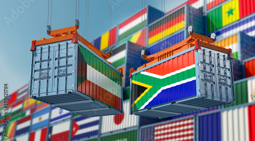 Freight containers on a Terminal with South Africa and Kuwait flag. 3D Rendering 