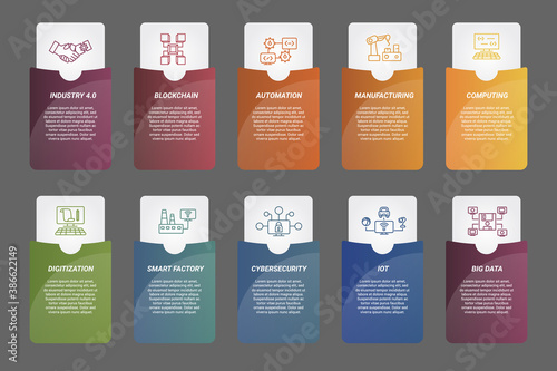 Infographic Industry 4.0 template. Icons in different colors. Include Industry 4.0, Blockchain, Automation, Manufacturing and others.