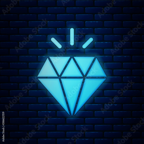 Glowing neon Diamond icon isolated on brick wall background. Jewelry symbol. Gem stone. Vector.