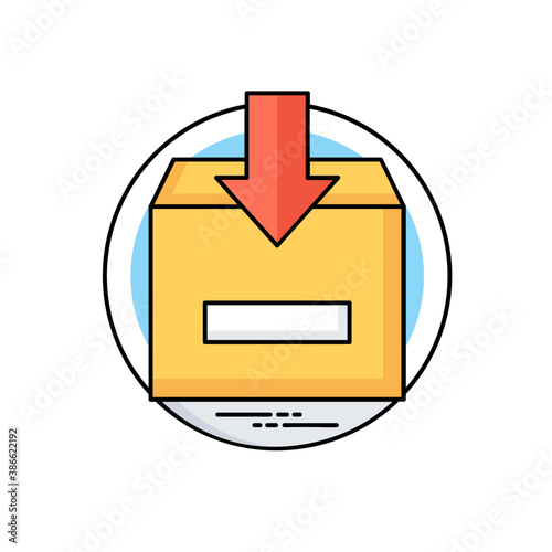 
A cardboard package with arrow sign heading down, carrying project inbox icon 
