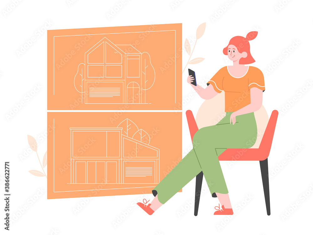Girl is looking for real estate options for sale. Mobile application, online ads with houses and apartments. Vector flat illustration.