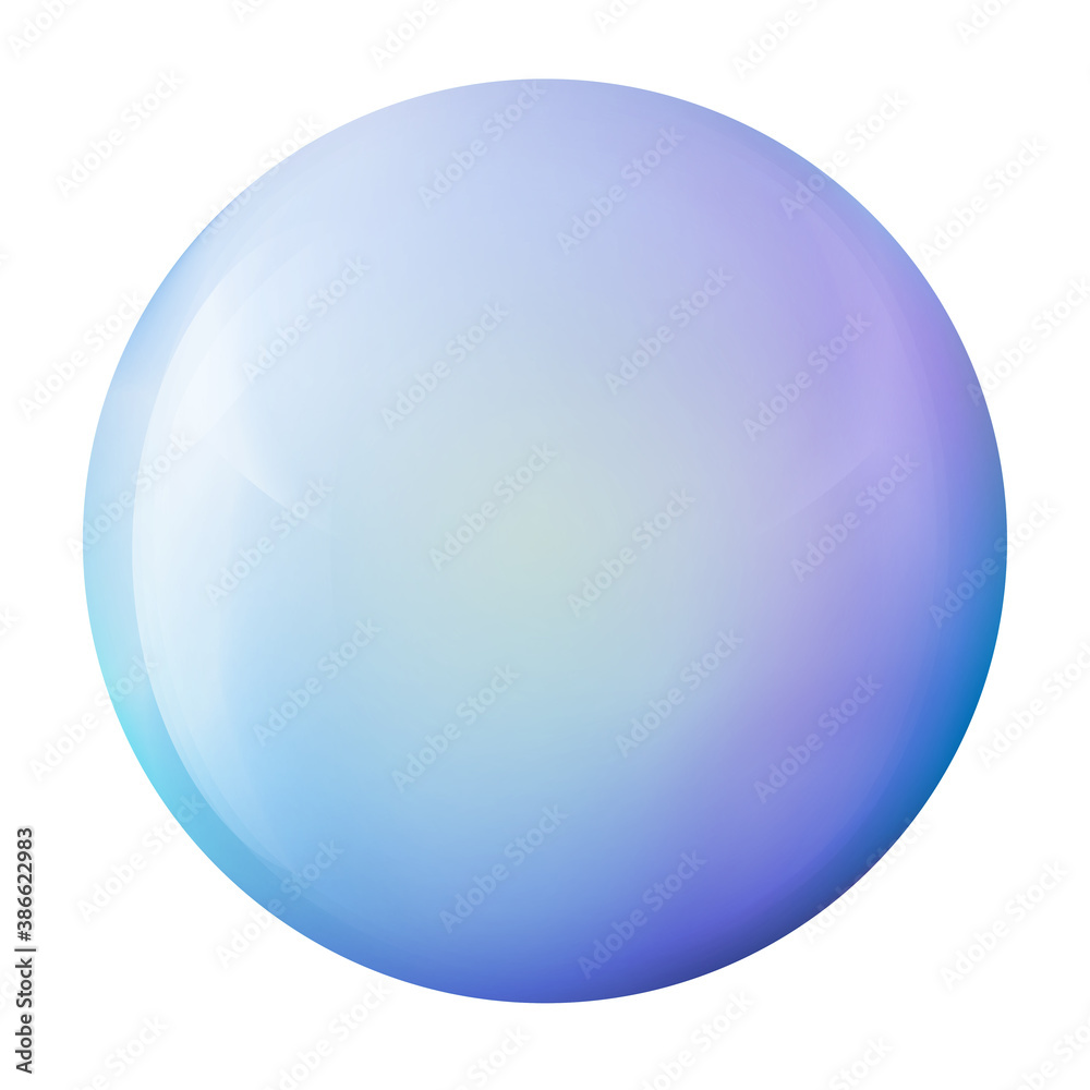 Glass blue ball or precious pearl. Glossy realistic ball, 3D abstract vector illustration highlighted on a white background. Big metal bubble with shadow.