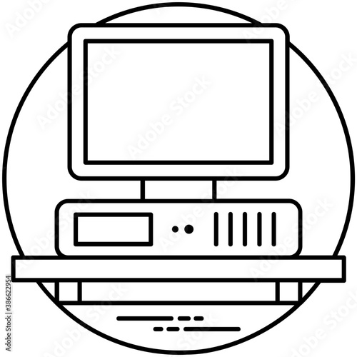 
A personal computer with horizontal central processing unit on a desk, denotation for computer icon 
