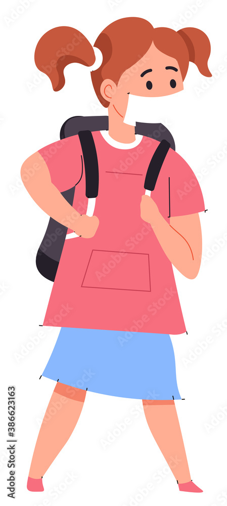 Pupil girl walking with bag wearing medical mask Pupil girl walking with bag wearing medical mask
