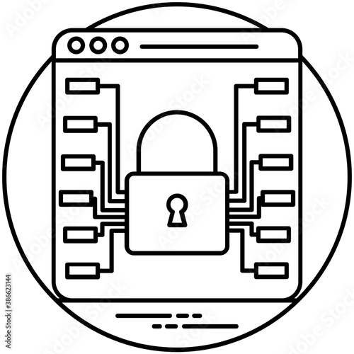 
Online view of data warehouse with locked padlock in middle, donating data protection icon 
