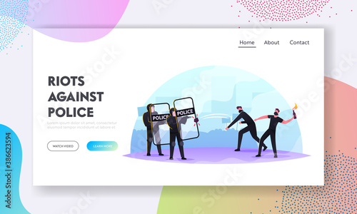 Violence Riots, Protesting, Strike or Demonstration Landing Page Template. Male Characters in Masks Fighting with Police
