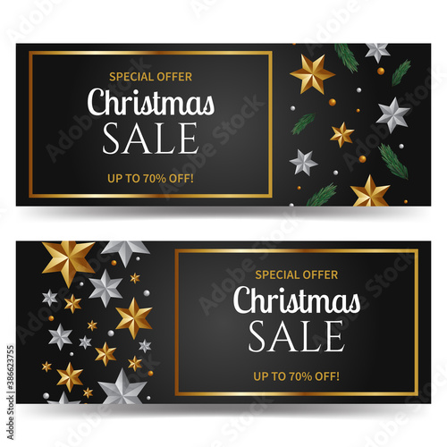 Merry Christmas design banner voucher decorated with pine branch and stars. Modern design cover vector. 
