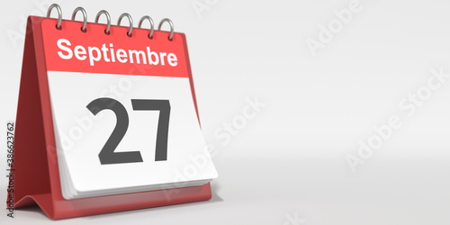 September 27 date written in Spanish on the flip calendar, 3d rendering