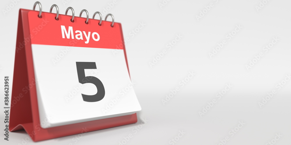 May 5 date written in Spanish on the flip calendar, 3d rendering May 5 date written in Spanish on the flip calendar, 3d rendering