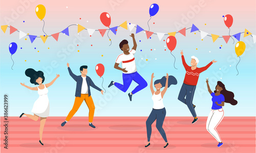 Holiday and celebration concept with diverse multiracial people dancing and jumping for joy. Flat cartoon vector illustrations with fictional characters.