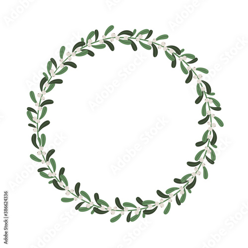 Christmas floral wreath with mistletoe branches.Vector clipart isolated on white background, perfect for greeting cards, invitations, flayers. Holiday illustration.