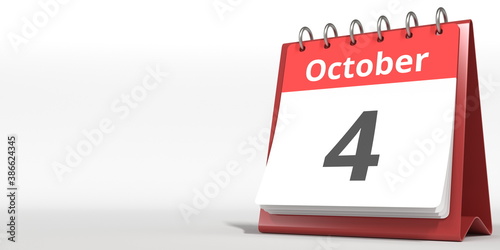 October 4 date on the flip calendar page, 3d rendering