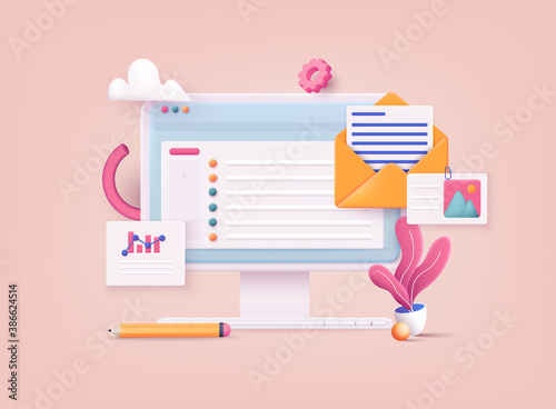 3D Web Vector Illustrations. Mail service concept.  Computer with open pages.