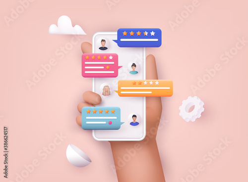 Hands holding phone with review rating. Reviews stars with good and bad rate and text.