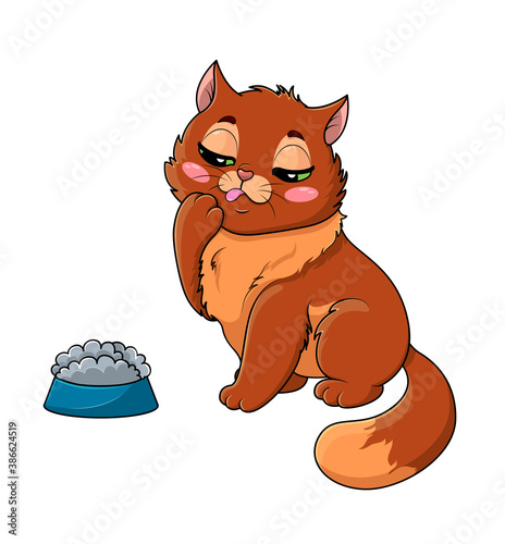 Fussy or picky hungry little cartoon cat eyeing its food in the bowl with a thoughtful expression, tongue out and paw up to groom its face isolated on white, colored cartoon vector illustration