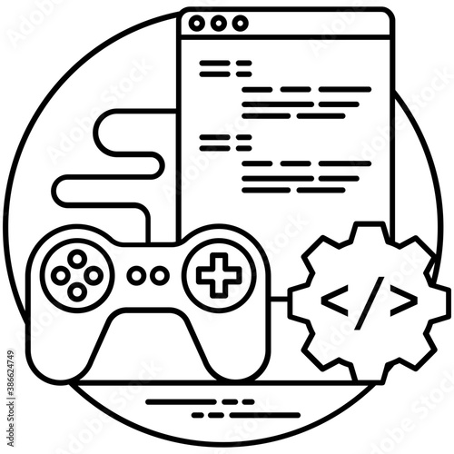 
Game controller attached to a website layout with coding symbols making game development icon 
