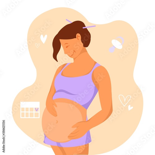 Beautiful young pregnant woman with big belly logo flat design illustration.
Minimalistic design, flat cartoon vector illustration