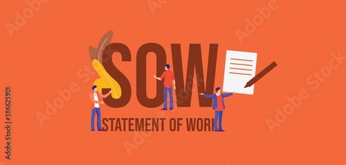 SOW Statement of work. Promotional communication media marketing technologies informational online reference for advertising and user support vector web video and email messages.