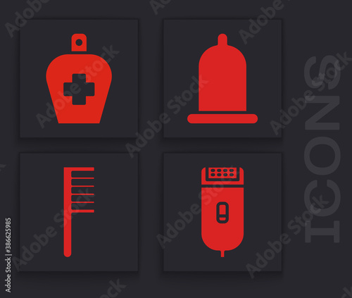 Set Electrical hair clipper or shaver, Bottle of liquid antibacterial soap, Condom and Hairbrush icon. Vector.