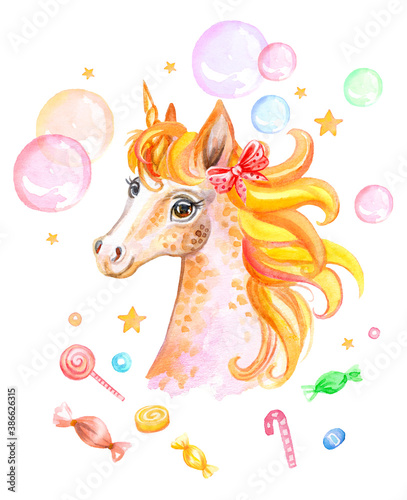 Watercolor cute unicorn portrait with soap bubbles