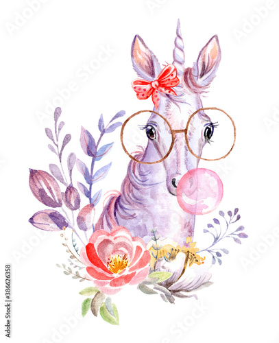 Φωτογραφία Watercolor cozy unicorn with gum and beautiful flowers