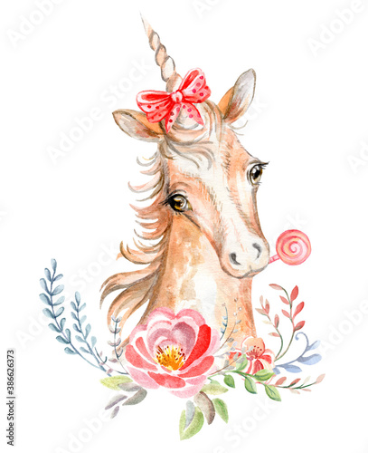 Watercolor unicorn with beautiful flowers and candy