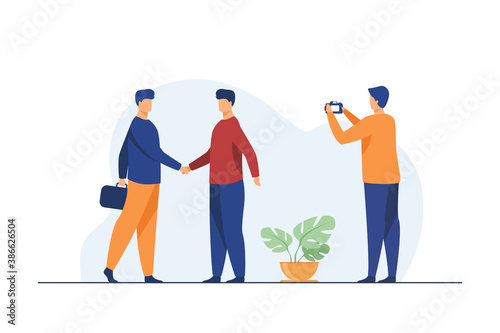 Two businessmen shaking hands and other man taking photo. Partners, agreement. Flat vector illustration. Business concept can be used for presentations, banner, website design, landing web page