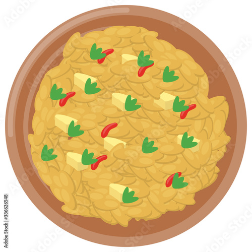 
An icon showing plate filled with omelette topped with cheese pieces and coriander leafs  
