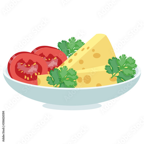 
Cheese, tomato and green coriander leaf, this whole depicton is for insalata caprese salad
