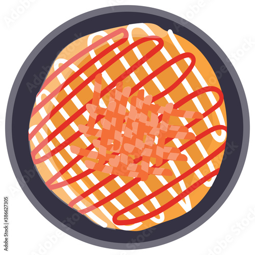 
Pan having yellow filling with red lines to denote icon for apple pie
