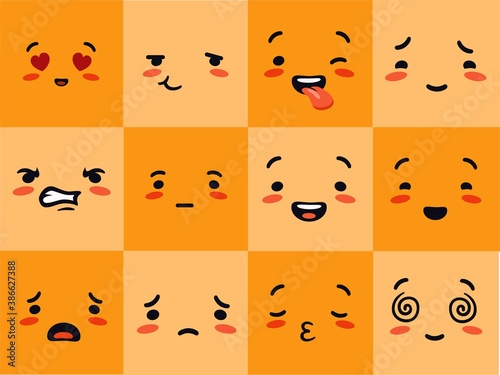 Emogi face square. Emotional characters experience yellow joyful hearts with love eyes astonished sobbing distraught pensive with poker face vector communication and entertainment in social networks. photo