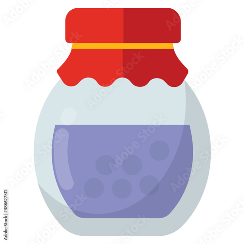 
Container filled with purple serum covered with cloth lid making an icon for blueberry jar with fabric topper 
