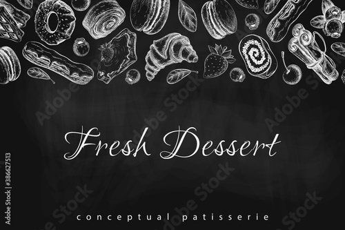 chalk bakery or pastry banner, background, frame or signboard on black chalkboard. vector illustration of sweet desserts, pastries and berries on blackboard. vintage style. great for cafe menu design.