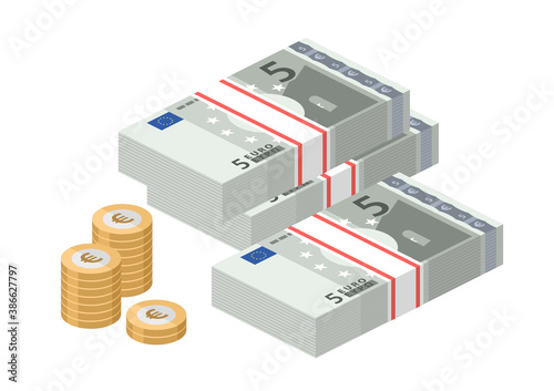Isometric stacks of 5 euro banknotes. Pile paper money and coins. Five bills. European currency notes. Vector illustration.