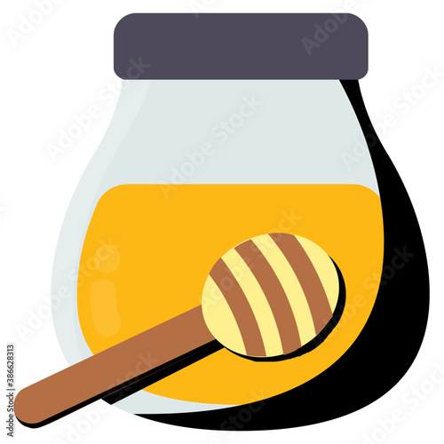 
Jar filled with viscous material and stick near to it, icon for jar of honey 
