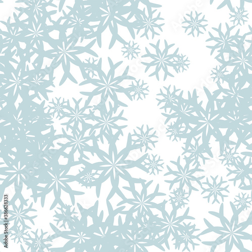 Seamless vector 10 eps snowflakes pattern. Chaotic snowflake elements blue background. For design, fabric, textile, web, wrapping.