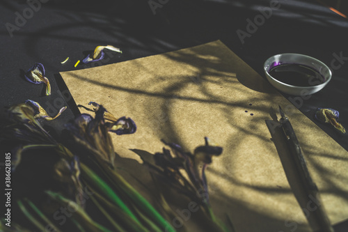 flowers, pen and craft paper on a black background