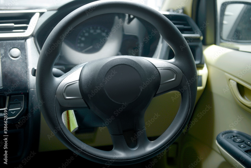 Close up view of car steering wheel