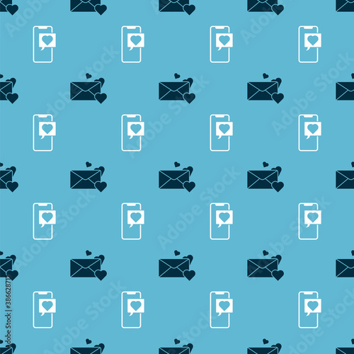 Set Envelope with heart and Smartphone with heart speech bubble on seamless pattern. Vector.