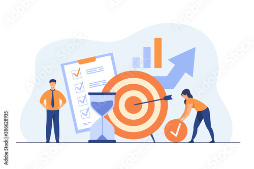 Tiny people developing self control system isolated flat vector illustration. Metaphor of target and goal achievement for productive work. Time management and development concept