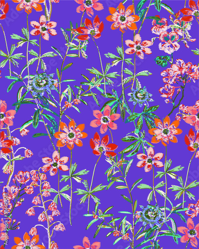 Embroidery Vector Flowers and Leaves Scribble Style Fashion Print Stylish Texture Elegant Concept Colorful Garden Look Wild Florals